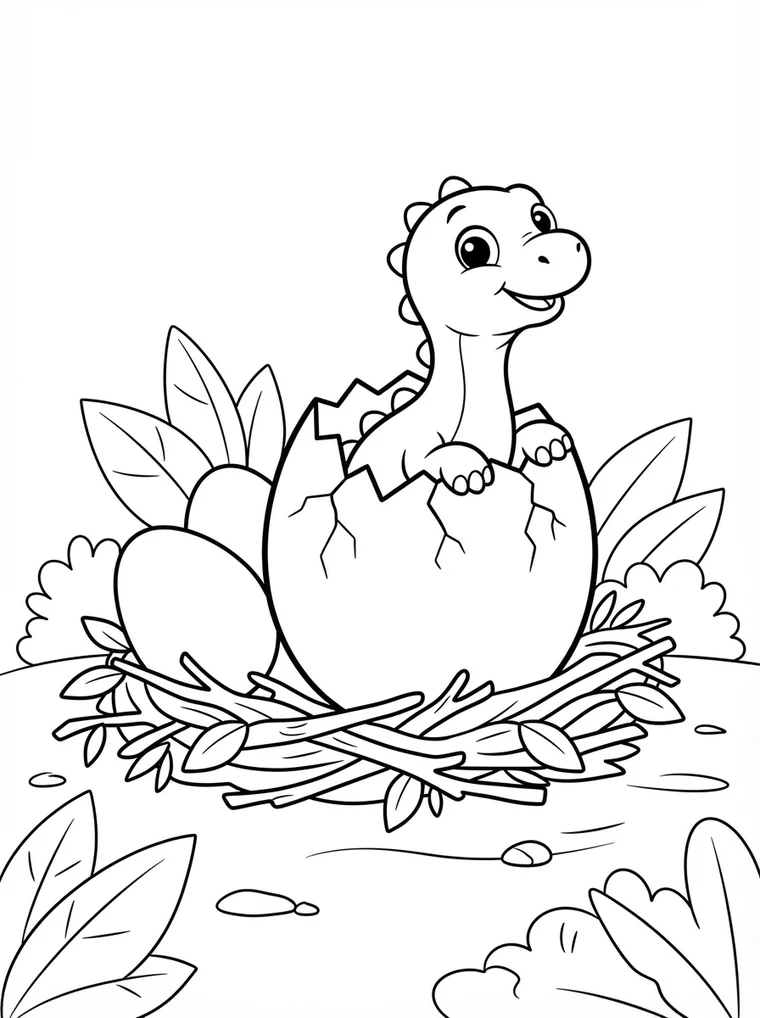 Ausmalbild: Baby-Dinosaurier schlüpft aus einem großen Ei