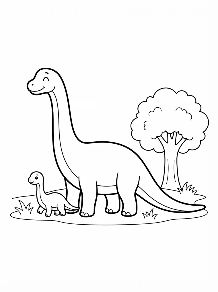 Ausmalbild: großer Dinosaurier mit einem kleinen Dino-Baby