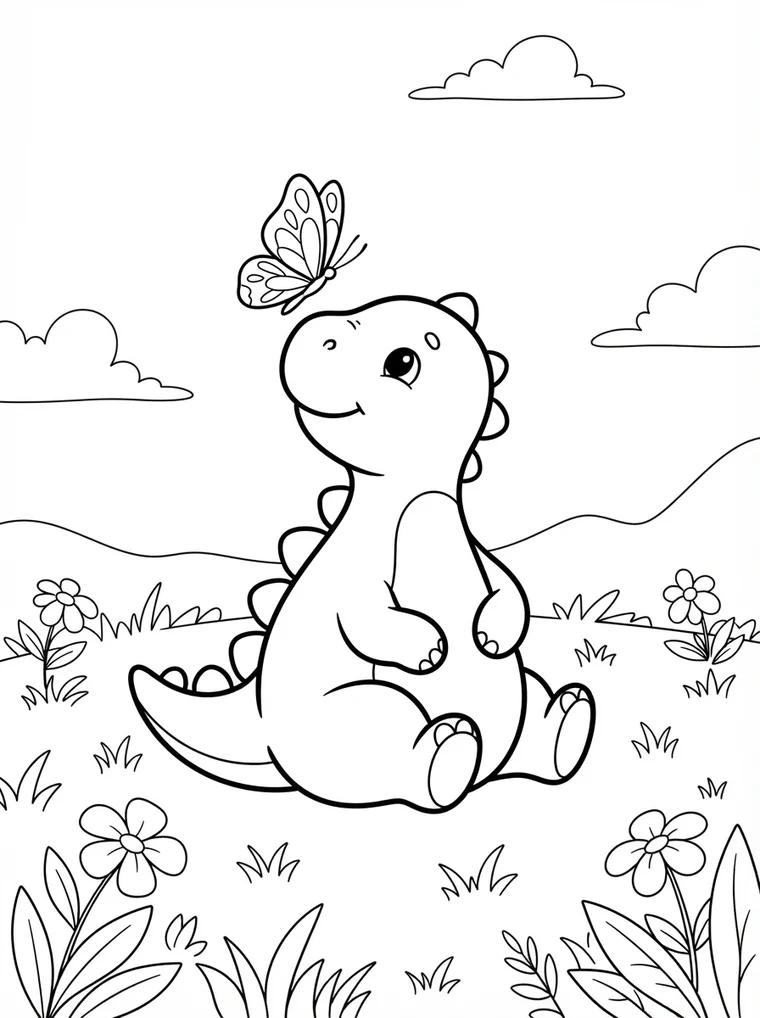 Ausmalbild: kleiner Dinosaurier schaut einen Schmetterling an