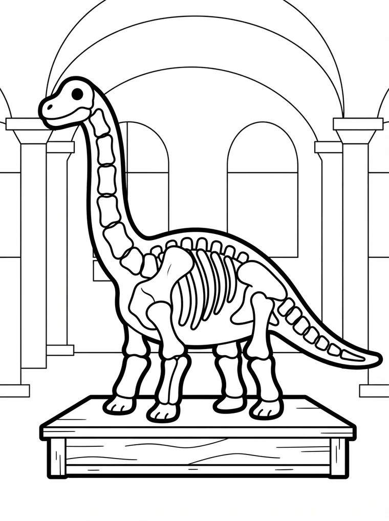 Ausmalbild: aufgebautes Dinosaurier-Skelett im Museum