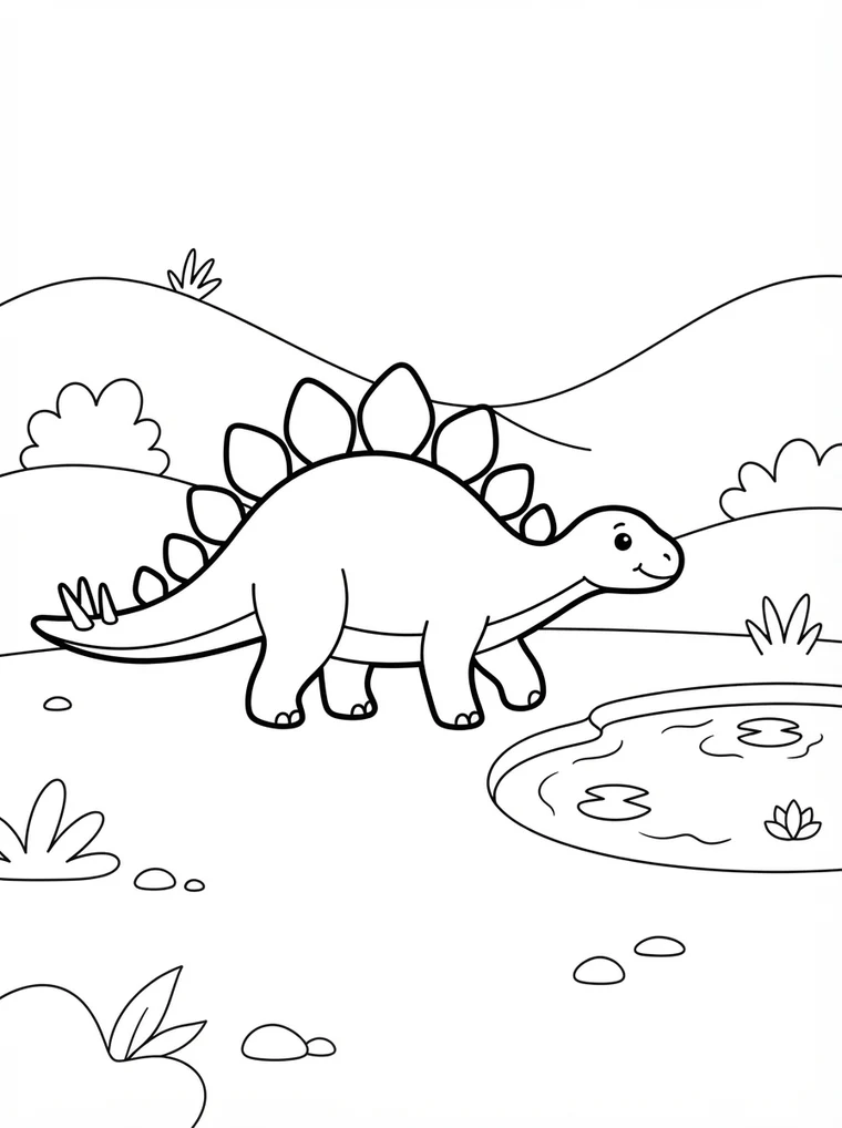 Ausmalbild: Stegosaurus mit großen Rückenplatten am Teich
