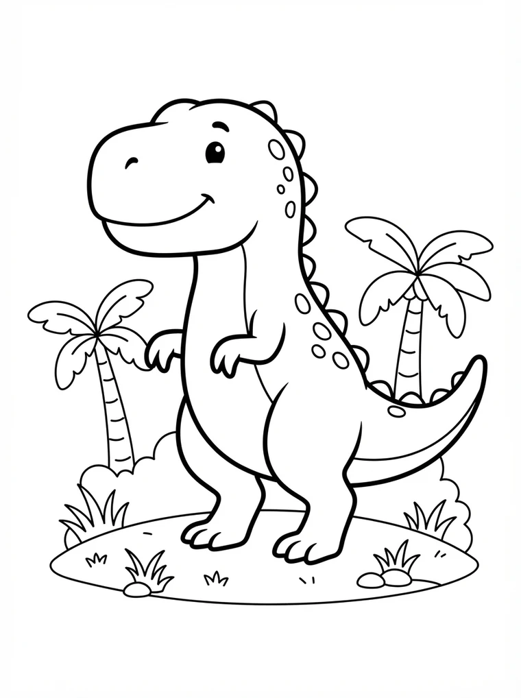 Ausmalbild: freundlicher T-Rex steht zwischen Palmen