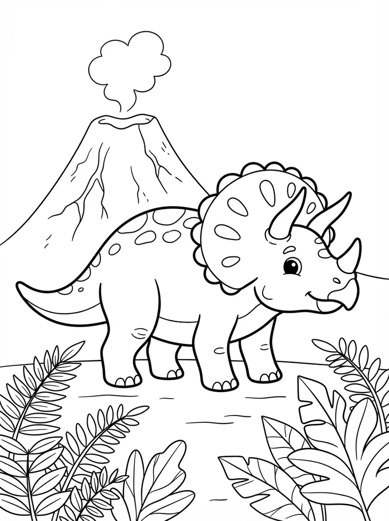 Ausmalbild: Triceratops mit drei Hörnern vor einem Vulkan