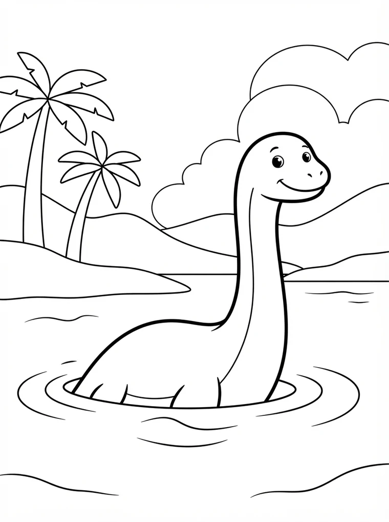 Ausmalbild: Wasserdinosaurier mit langem Hals schaut aus einem See