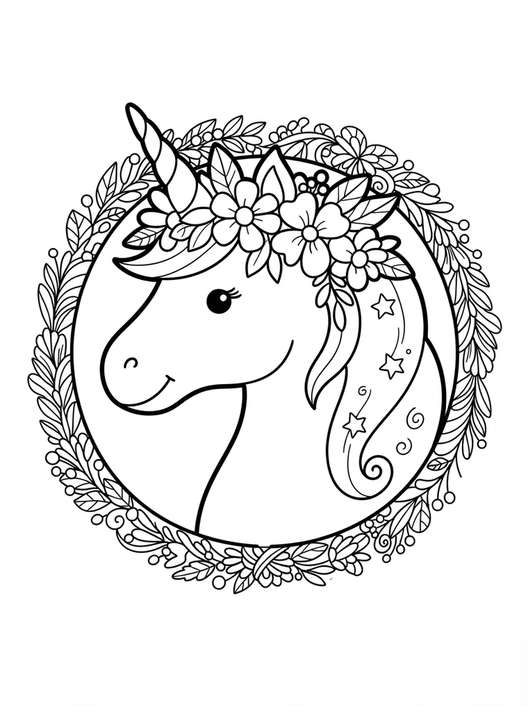 Ausmalbild: Einhornkopf mit einem Kranz aus großen Blumen