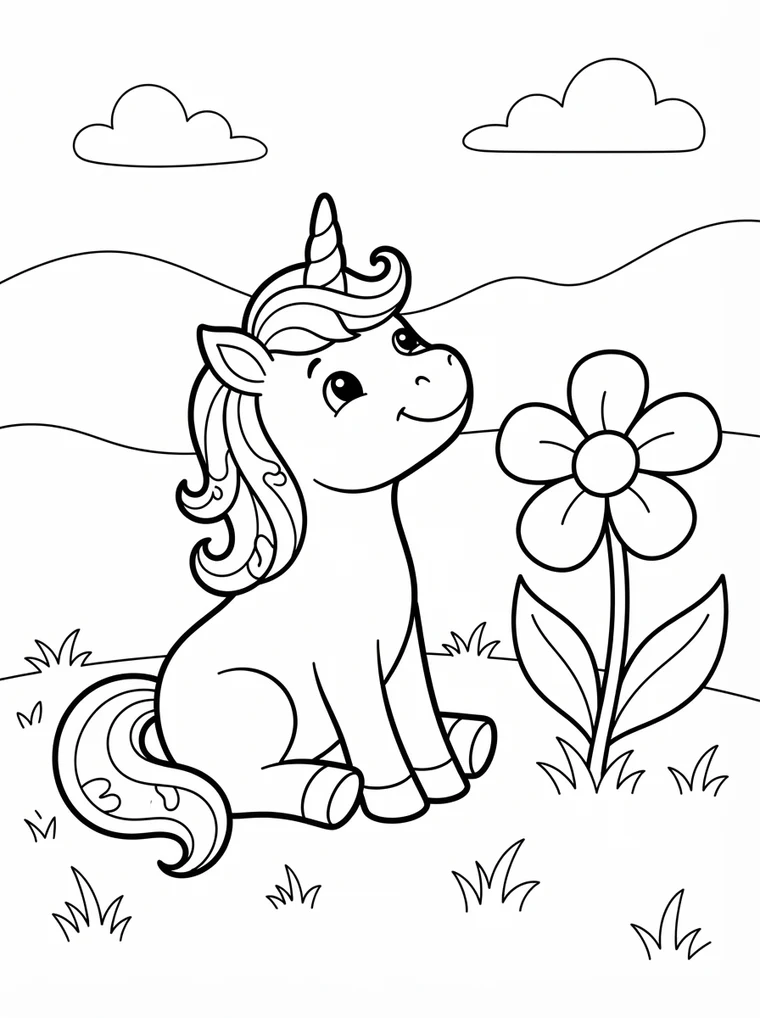 Ausmalbild: kleines Einhorn-Fohlen sitzt neben einer großen Blume