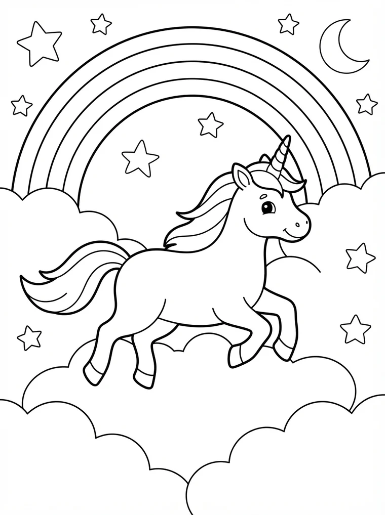 Ausmalbild: Einhorn galoppiert über Wolken unter einem Regenbogen