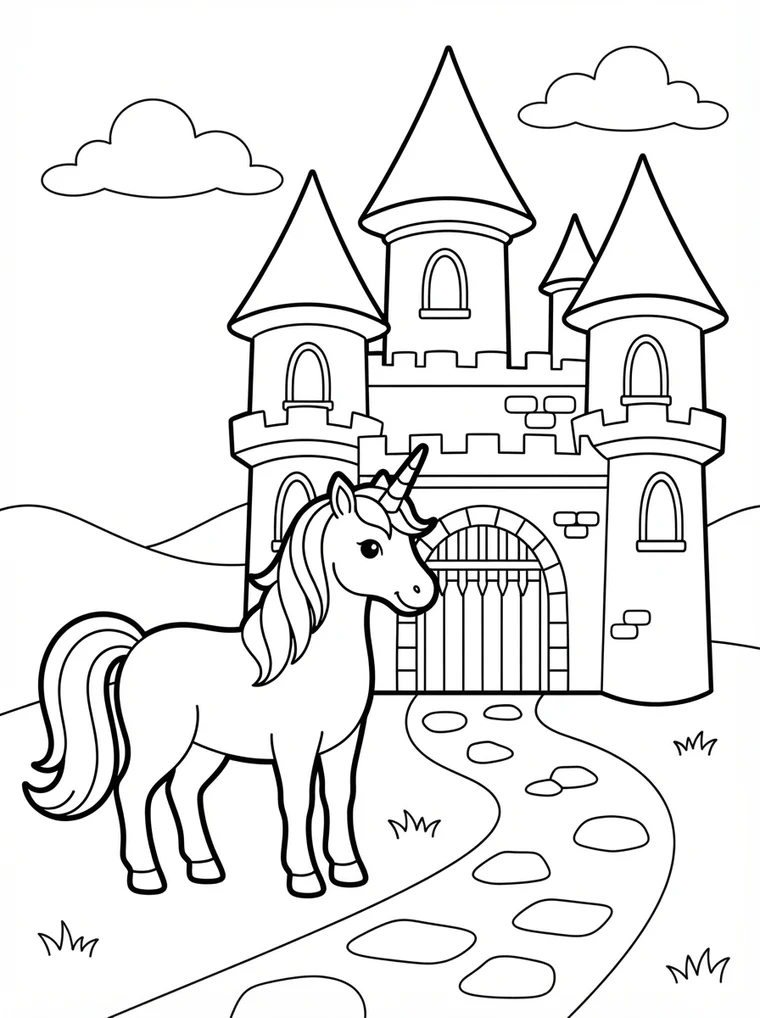 Ausmalbild: Einhorn steht vor einem Märchenschloss mit runden Türmen