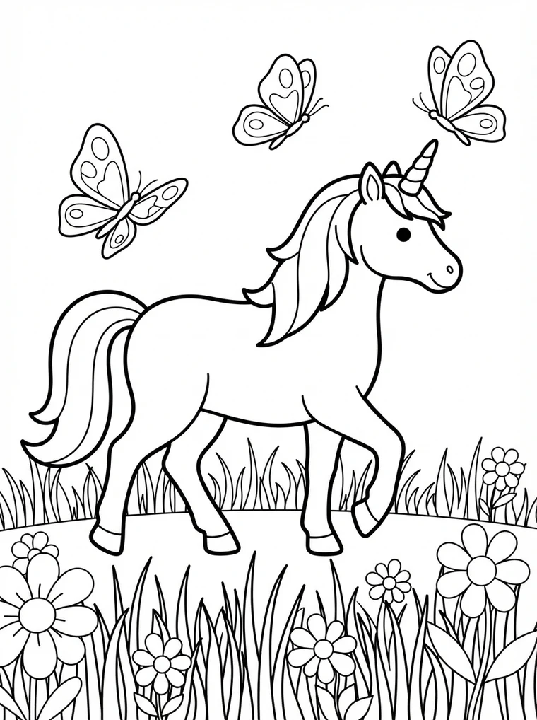Ausmalbild: Einhorn läuft zwischen großen Schmetterlingen