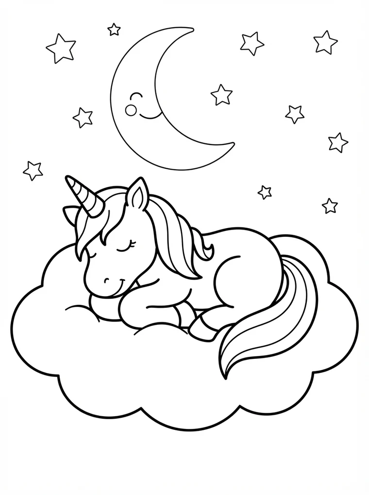 Ausmalbild: Einhorn schläft zusammengerollt auf einer Wolke unter dem Mond
