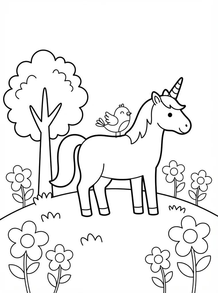 Ausmalbild: Einhorn steht mit einem kleinen Vogel auf einem Hügel