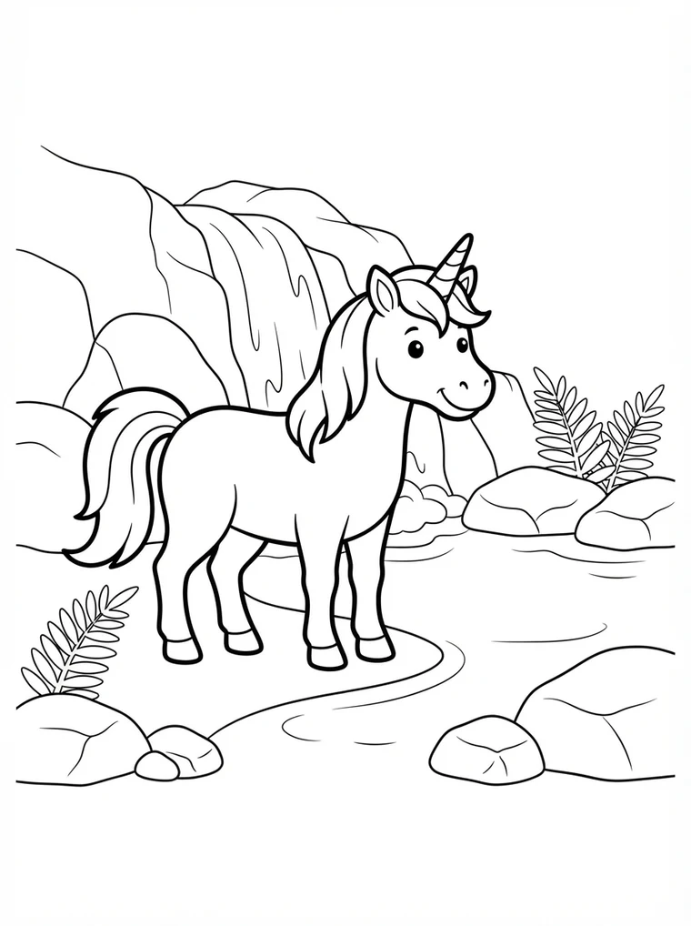 Ausmalbild: Einhorn trinkt an einem Wasserfall
