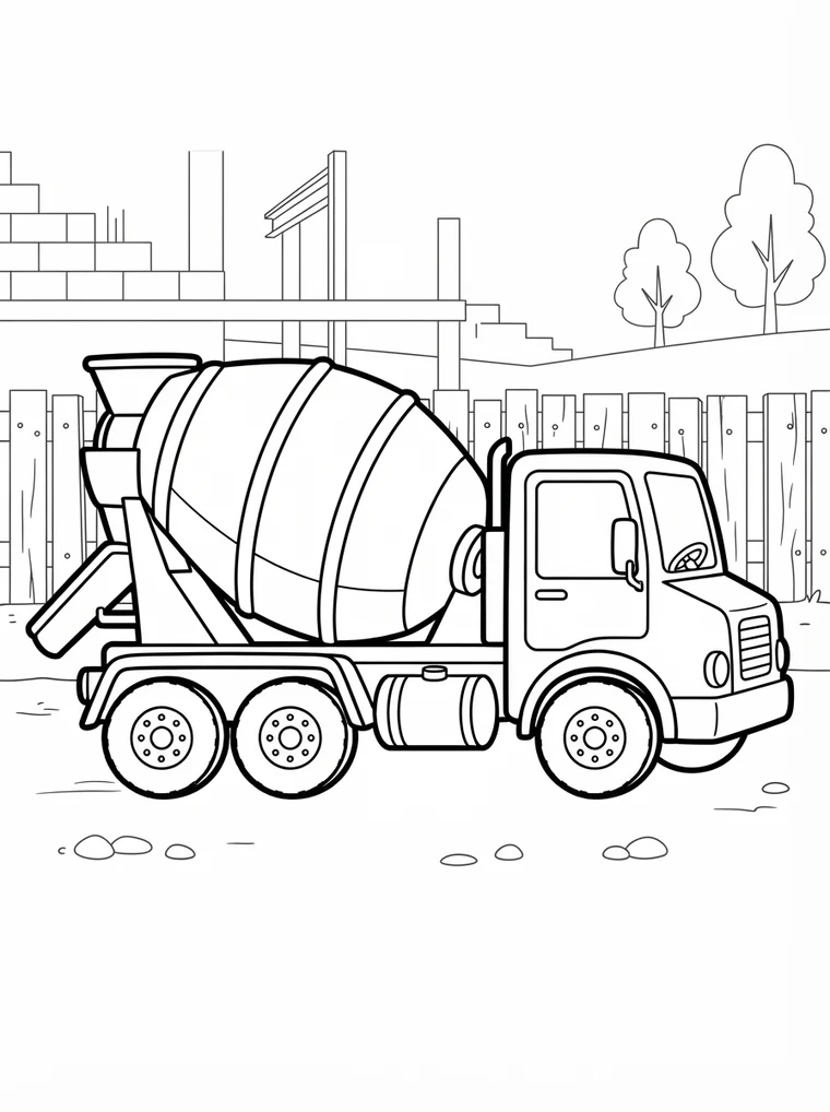 Ausmalbild: Betonmischer mit großer drehender Trommel