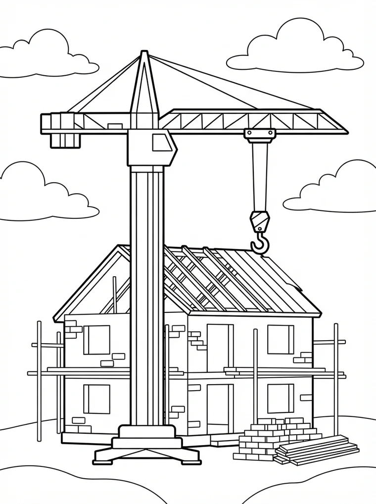 Ausmalbild: hoher Baukran mit Haken über einer Baustelle