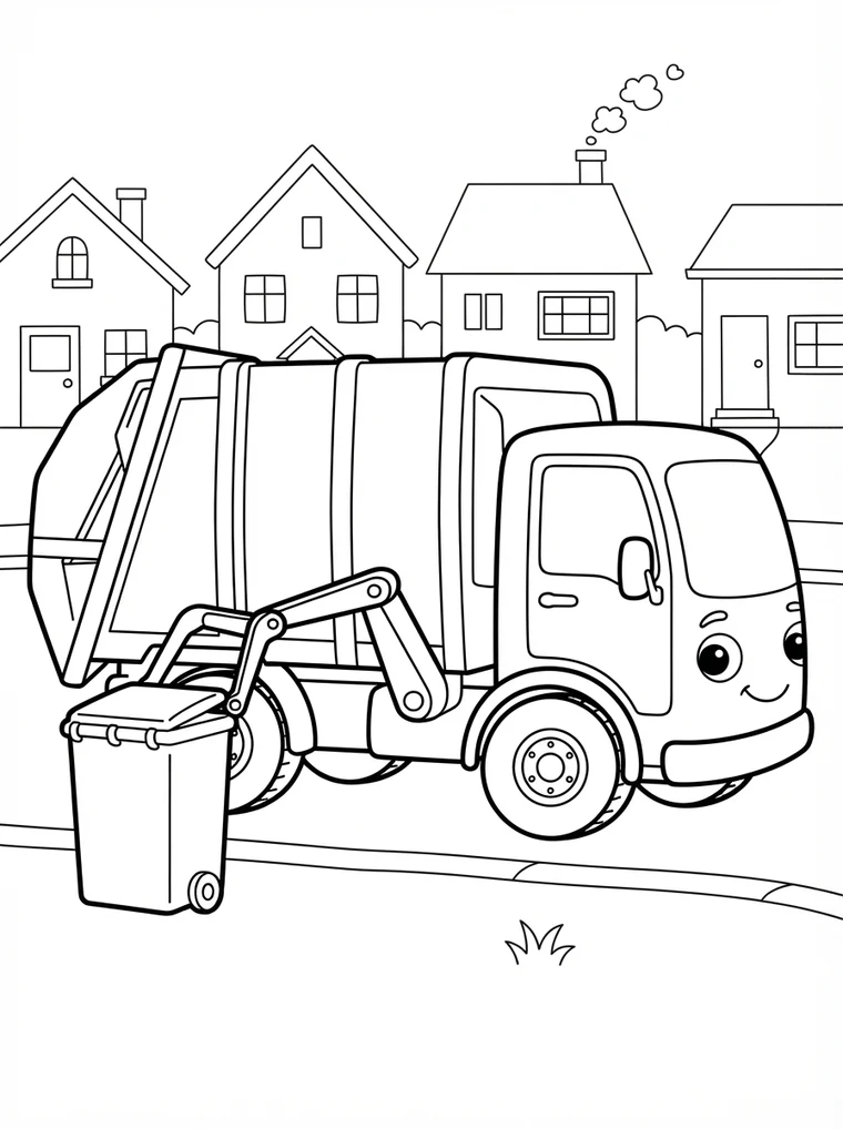 Ausmalbild: Müllauto mit Ladearm an der Straße