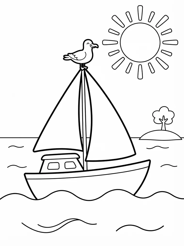 Ausmalbild: Segelboot fährt über das Meer