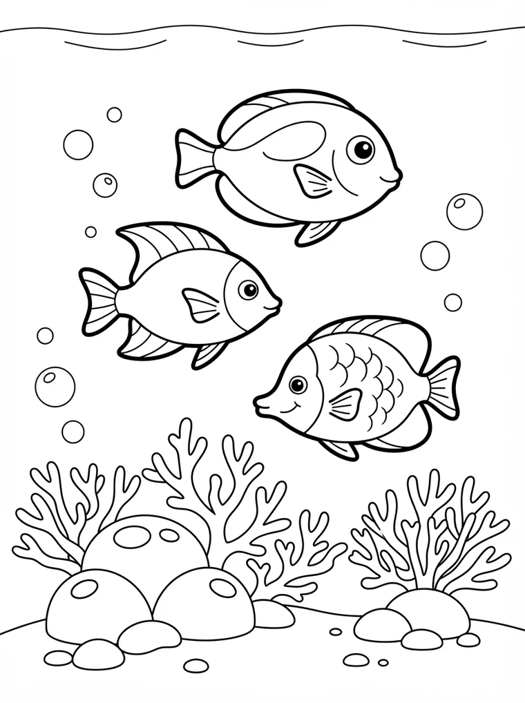 Ausmalbild: drei Fische schwimmen über einem Korallenriff