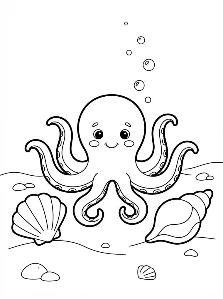 Ausmalbild: freundliche Krake mit acht Armen zwischen Muscheln
