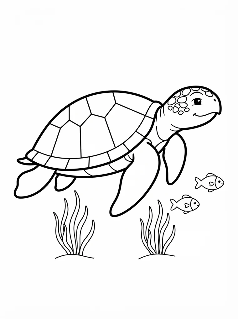 Ausmalbild: Meeresschildkröte schwimmt über Seegras