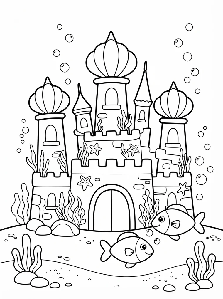 Ausmalbild: Schloss mit Muschel-Türmen auf dem Meeresgrund
