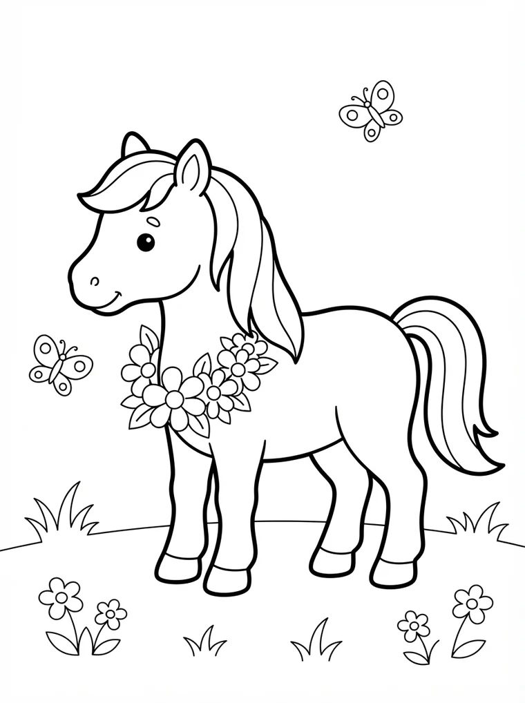 Ausmalbild: Pony mit einem Kranz aus Blumen um den Hals