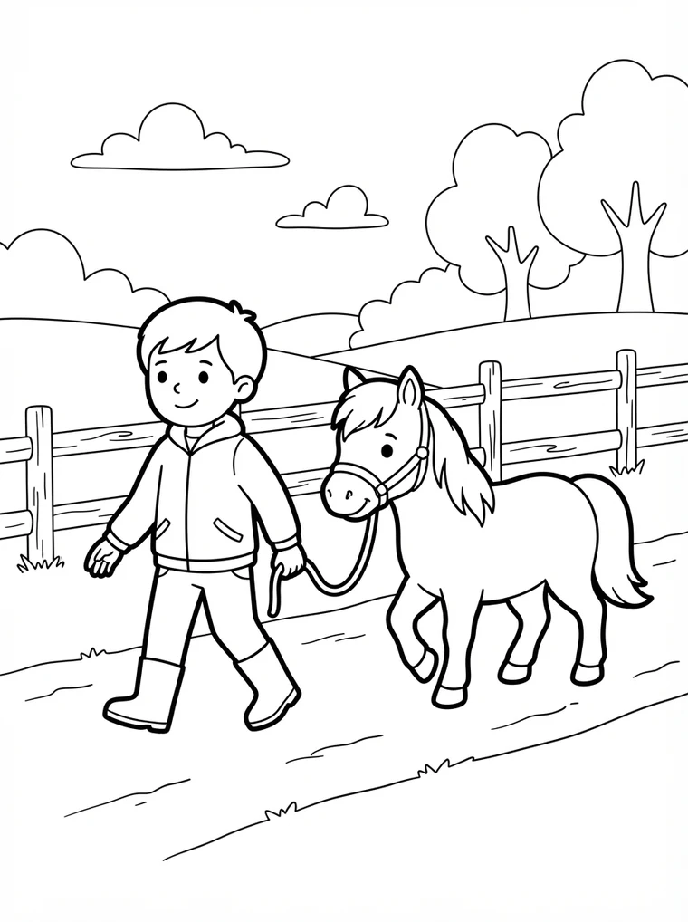 Ausmalbild: Kind führt ein Pony am Halfter