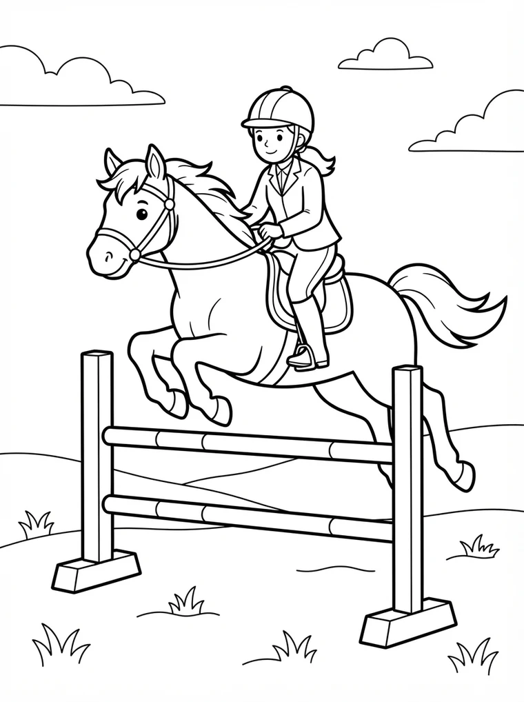 Ausmalbild: Pferd mit Reiterin springt über ein Hindernis