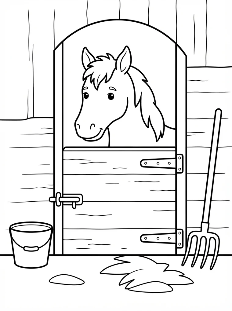 Ausmalbild: Pferd schaut über die Stalltür