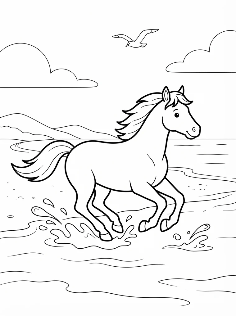 Ausmalbild: Pferd galoppiert am Strand durch die Wellen