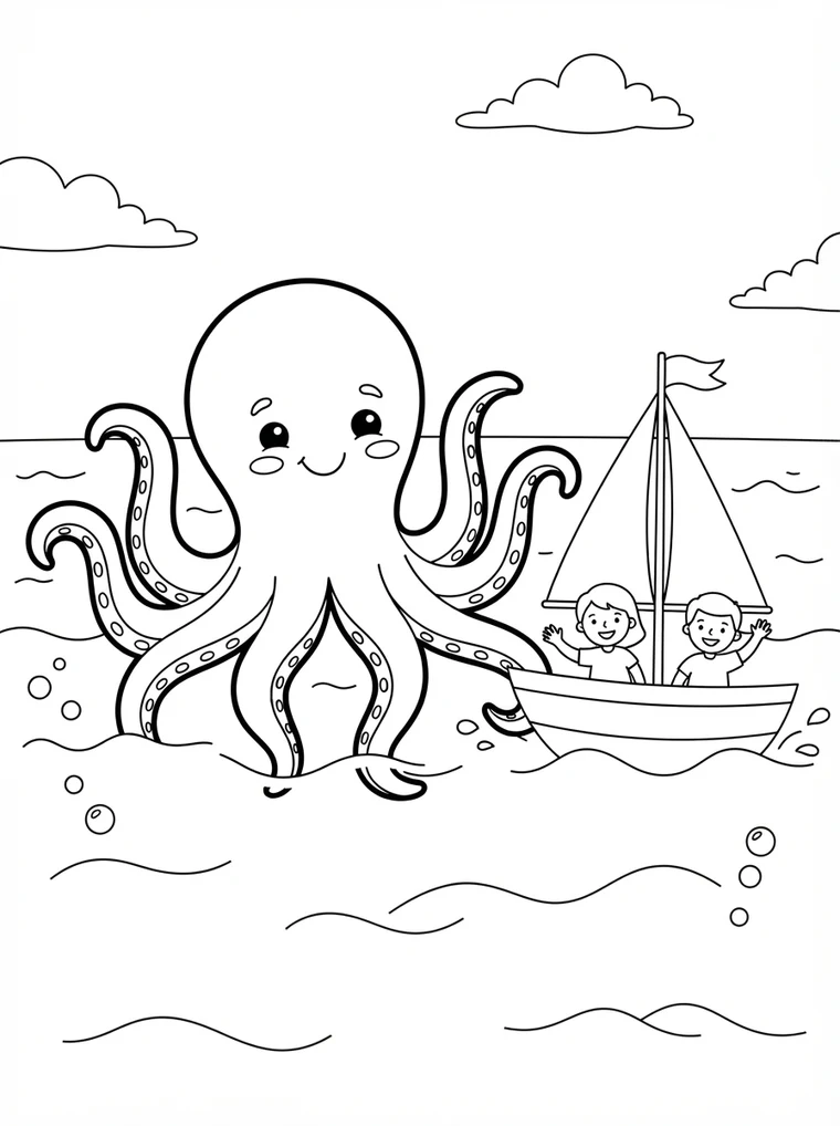 Ausmalbild: große freundliche Krake taucht neben einem Schiff auf