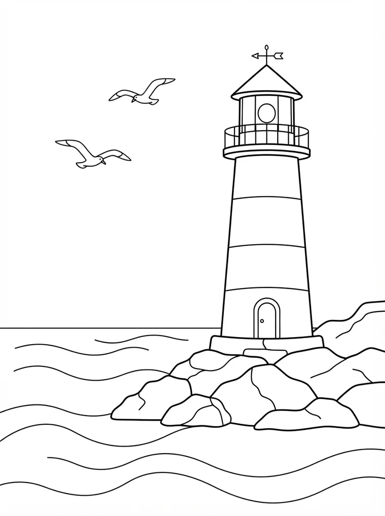 Ausmalbild: gestreifter Leuchtturm auf einem Felsen am Meer