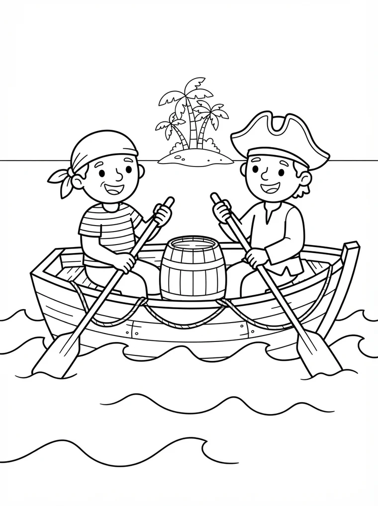 Ausmalbild: zwei Piraten rudern in einem kleinen Boot