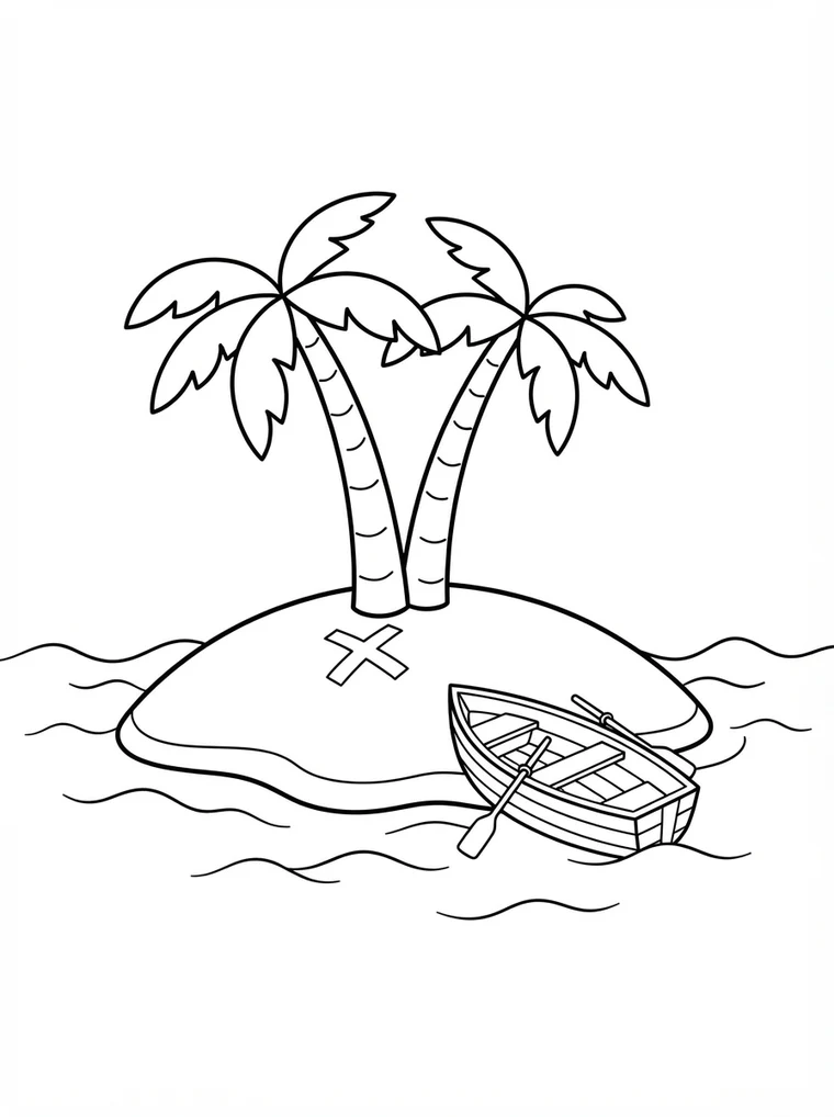 Ausmalbild: kleine Insel mit Palme und einem Kreuz im Sand
