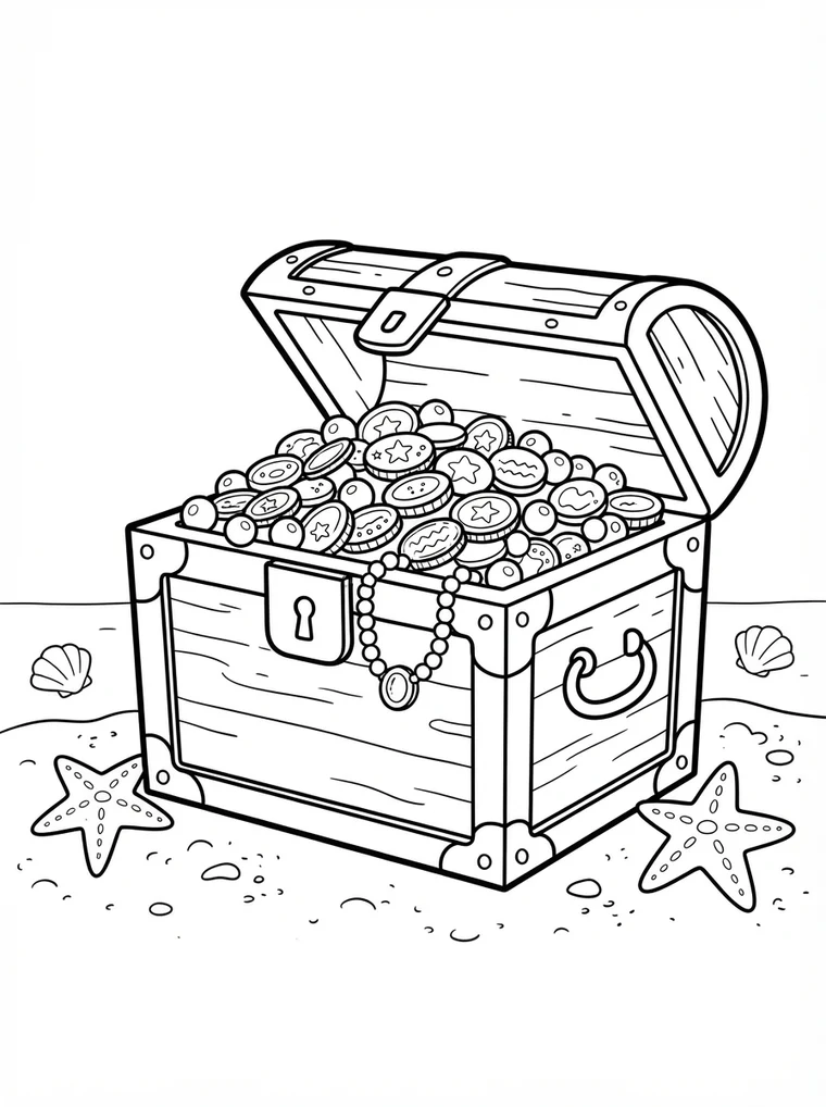 Ausmalbild: offene Schatzkiste voller Münzen und Perlen