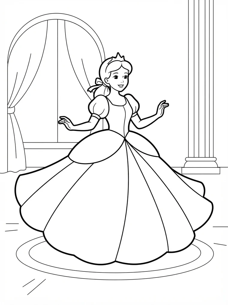 Ausmalbild: Prinzessin im weiten Ballkleid dreht sich