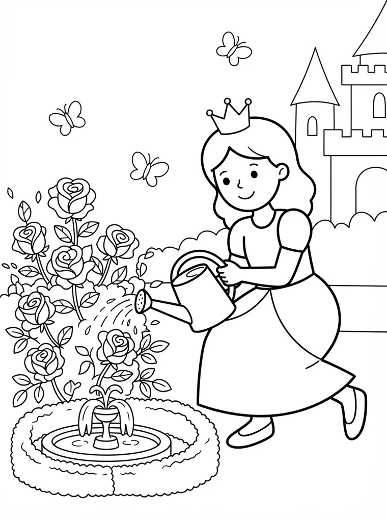 Ausmalbild: Prinzessin gießt Rosen in einem Schlossgarten