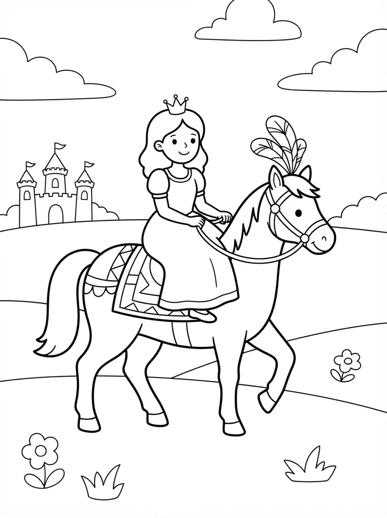 Ausmalbild: Prinzessin reitet auf einem geschmückten Pferd