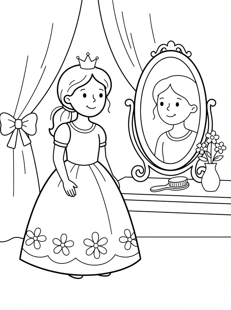 Ausmalbild: Prinzessin steht vor einem großen verzierten Spiegel