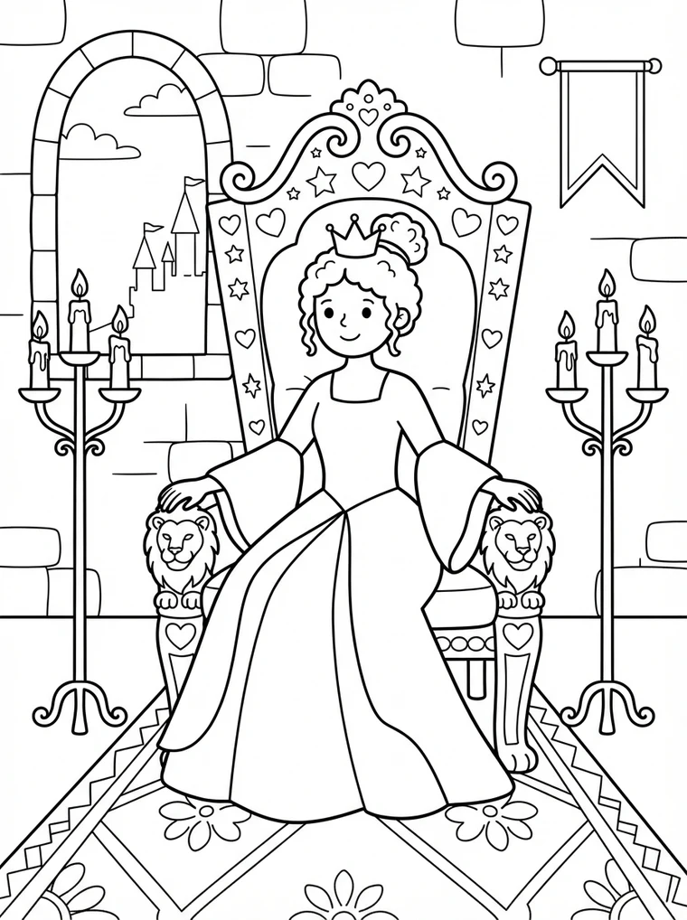 Ausmalbild: Prinzessin sitzt auf einem verzierten Thron