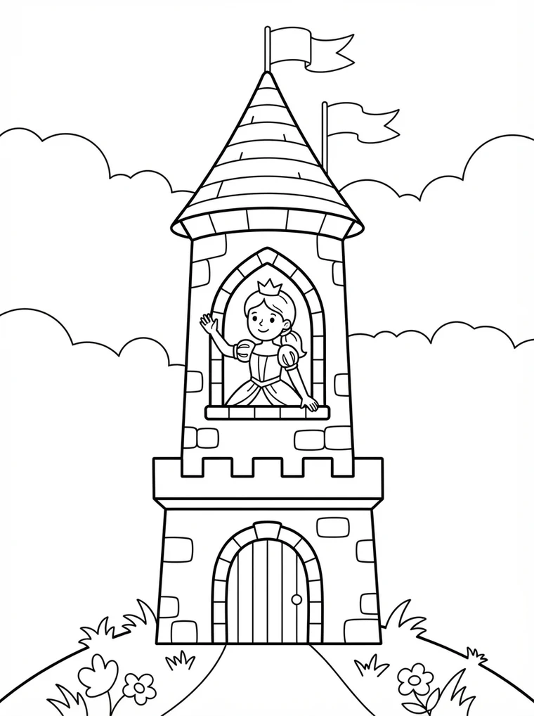 Ausmalbild: Prinzessin winkt aus dem Fenster eines Burgturms