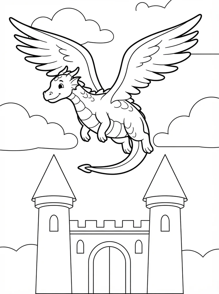 Ausmalbild: Drache fliegt mit ausgebreiteten Flügeln über eine Burg