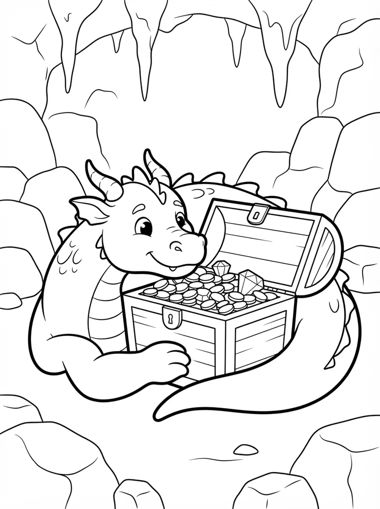 Ausmalbild: Drache liegt neben einer offenen Schatzkiste