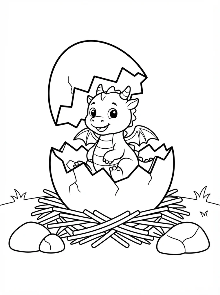 Ausmalbild: kleines Drachenbaby schlüpft aus einem Ei