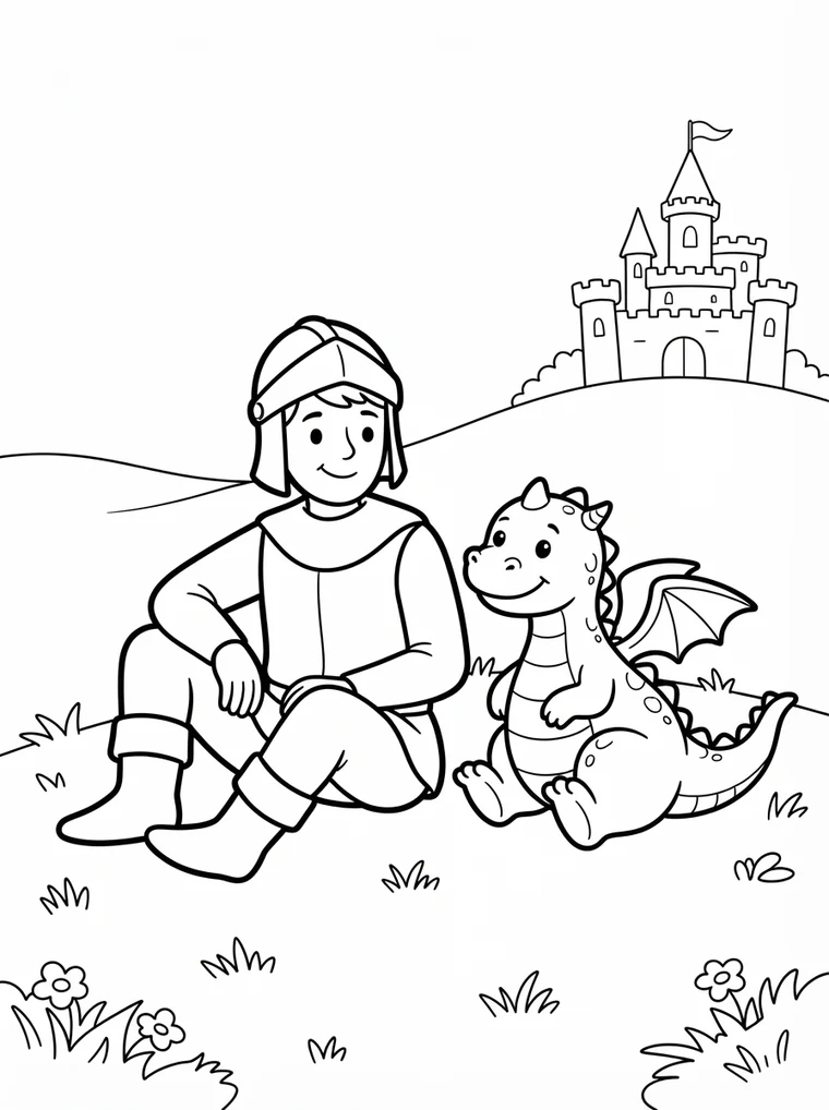 Ausmalbild: Ritter und Drache sitzen nebeneinander auf einer Wiese