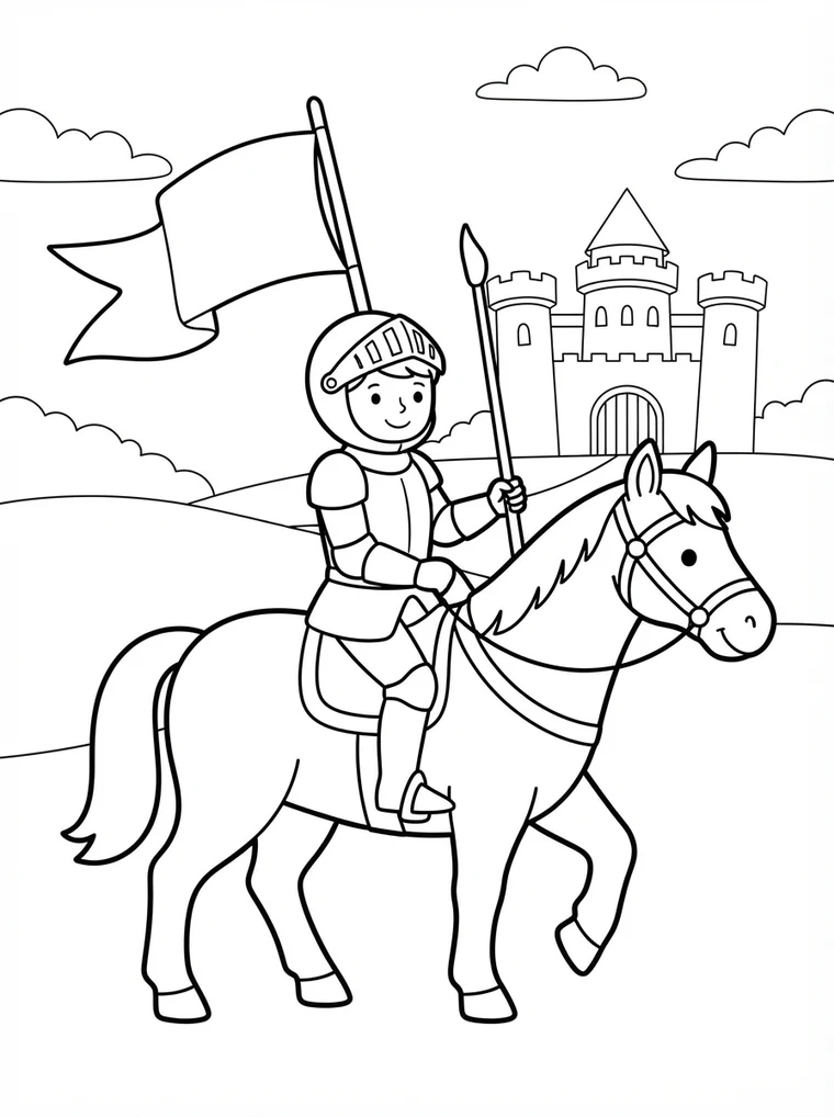 Ausmalbild: Ritter reitet mit einer Fahne auf einem Pferd
