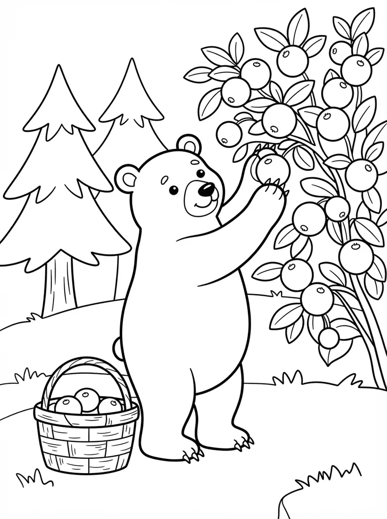 Ausmalbild: Bär pflückt Beeren von einem Strauch