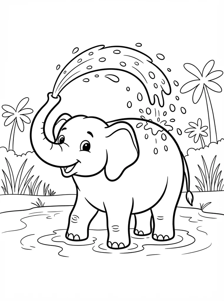Ausmalbild: Elefant spritzt mit dem Rüssel Wasser