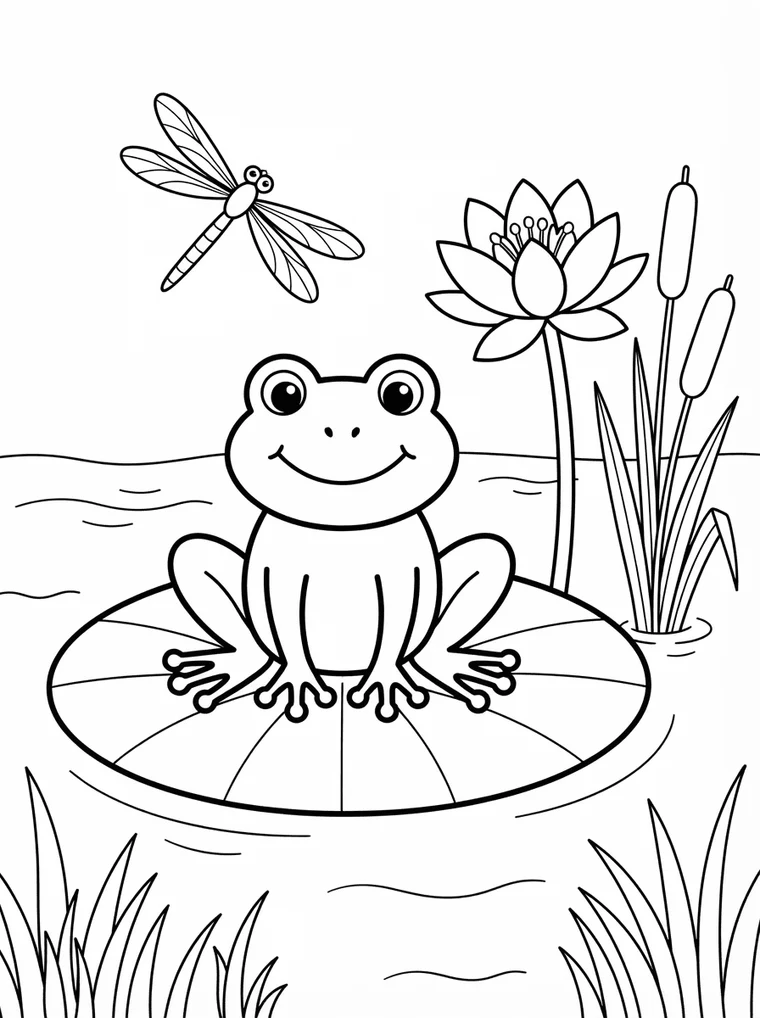 Ausmalbild: Frosch sitzt auf einem Seerosenblatt