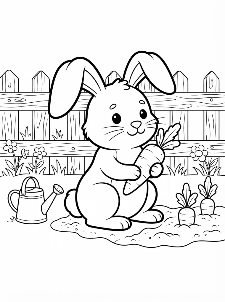 Ausmalbild: Hase sitzt zwischen Gemüse im Garten