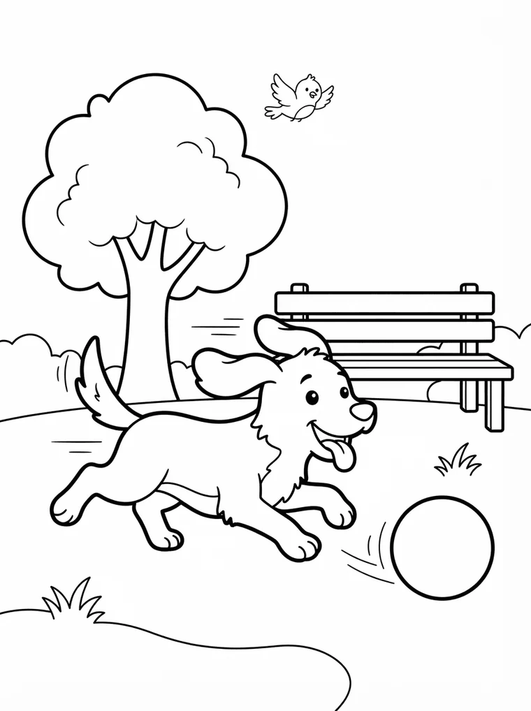 Ausmalbild: Hund spielt mit einem Ball im Park